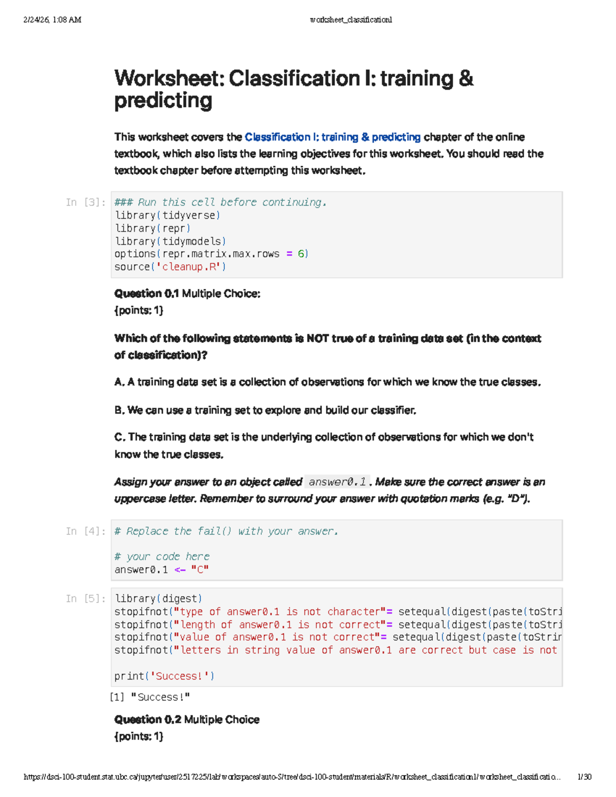 Classification I: Training Predictions Worksheet (1:08 AM) - Studocu