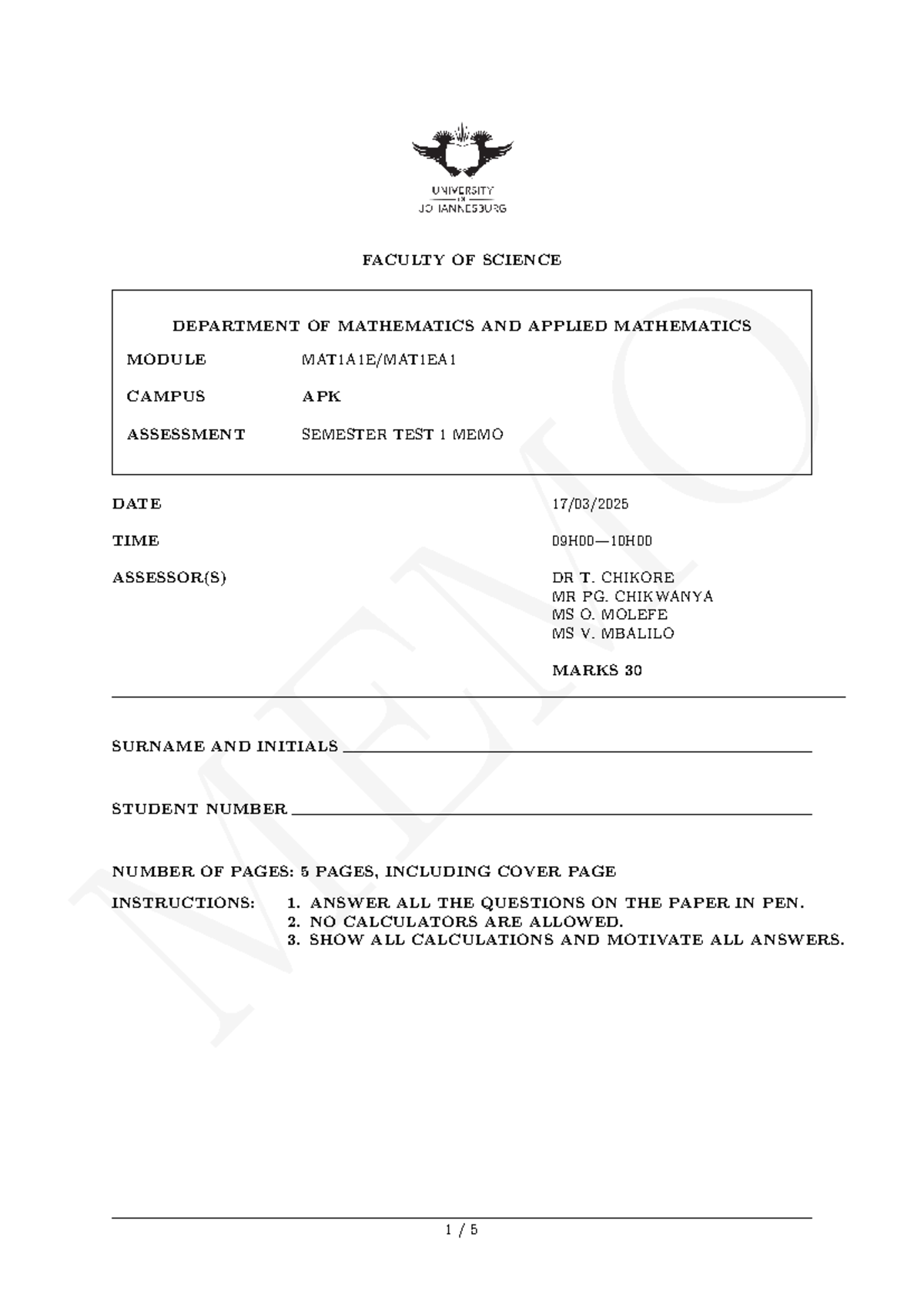 2025 MAT1A1E Semester Test 1 Memo and Solutions - Studocu