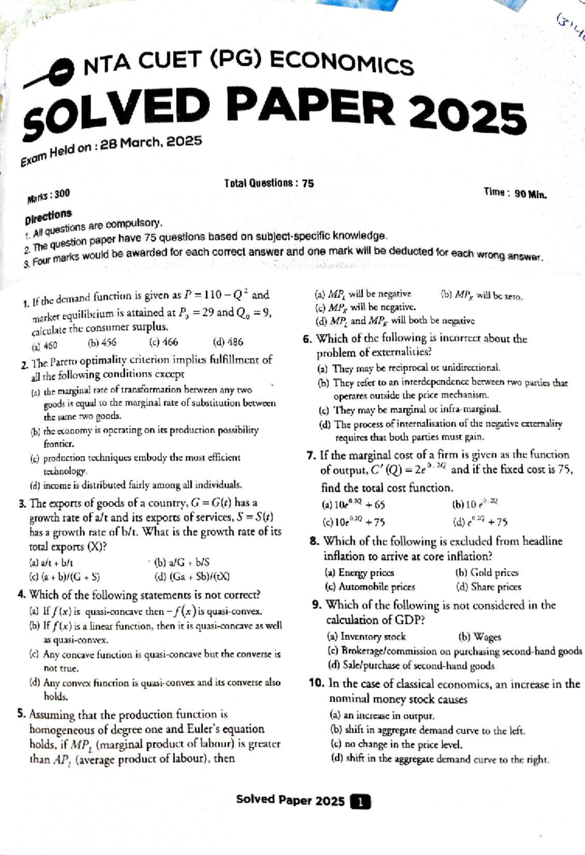 CUET (PG) Economics Solved Paper 2025 - Exam Questions & Answers - Studocu
