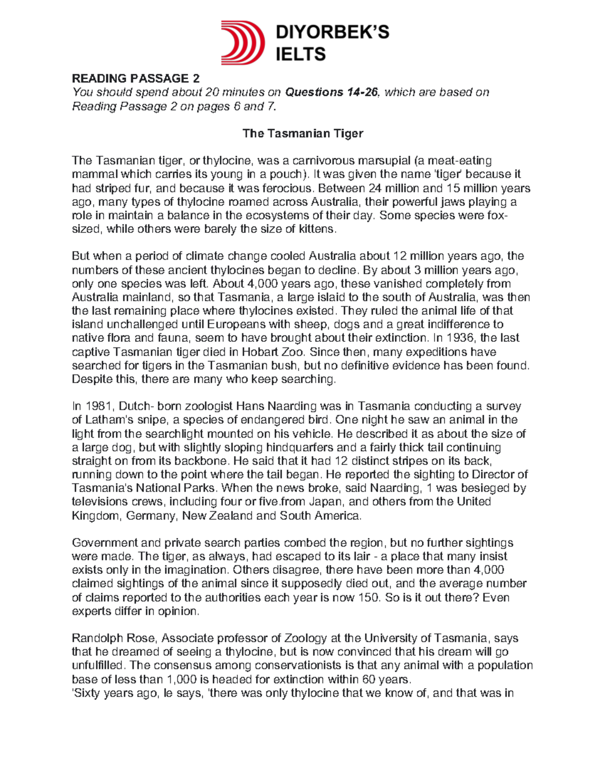 IELTS Reading Passage 2: The Mystery of the Tasmanian Tiger - Studocu