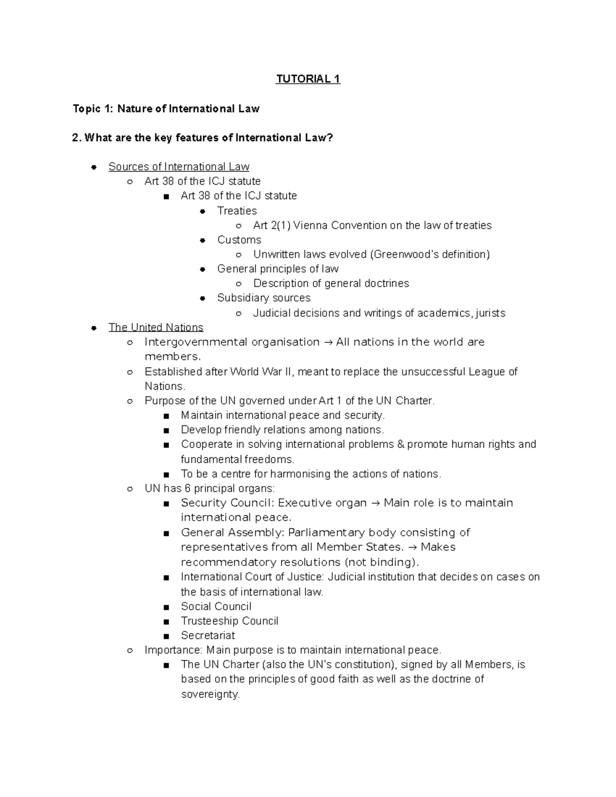 Public International Law - Tutorial 1: Key Features and Concepts - Studocu