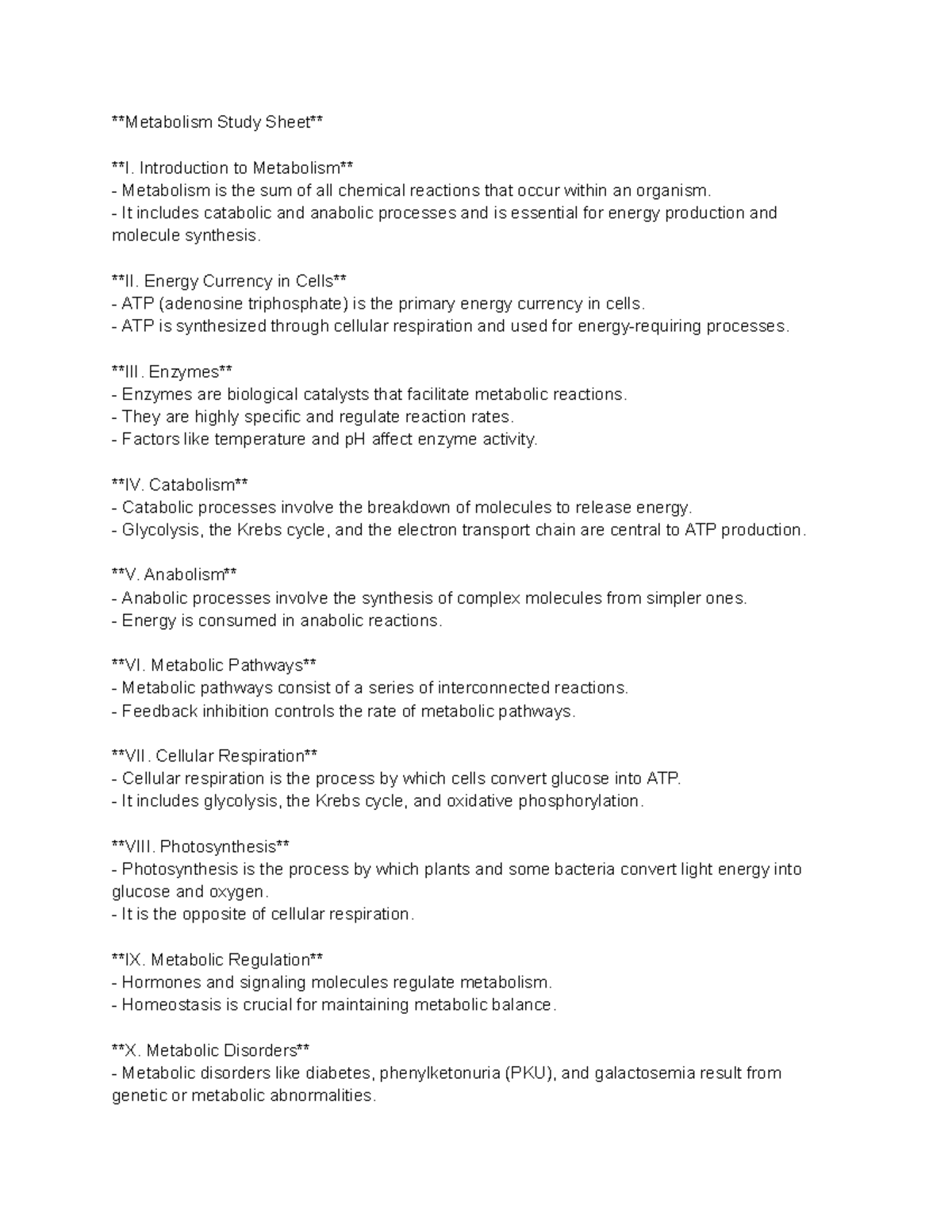 Metabolism Study Sheet - Introduction to Metabolism Metabolism is the ...