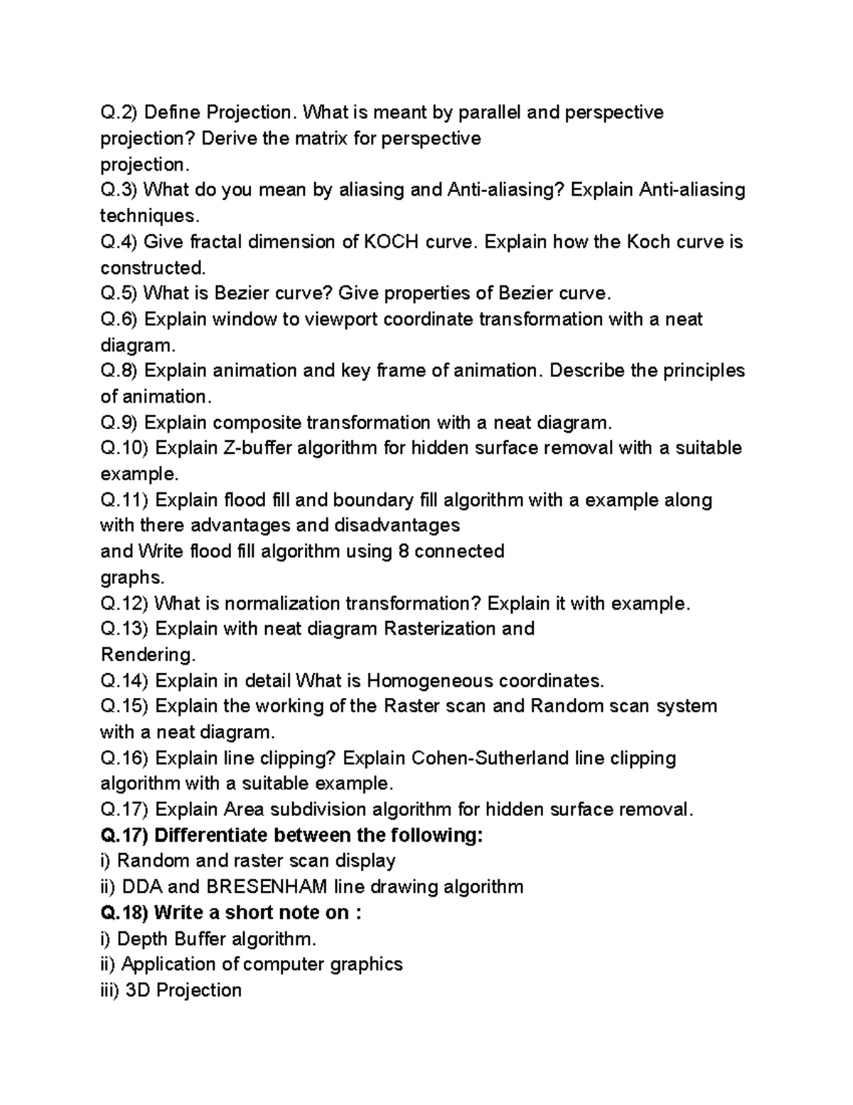 Practice Questions on Computer Graphics Algorithms and Concepts (CS101 ...