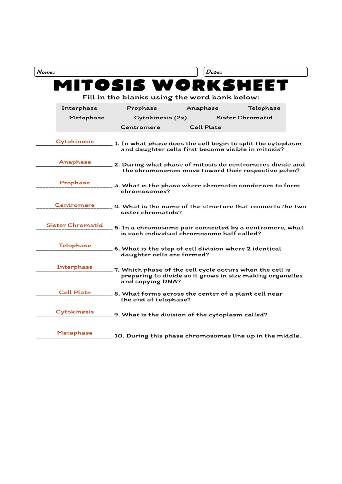 Biology 101 - Mitosis Worksheet with Fill-in-the-Blanks Activities ...