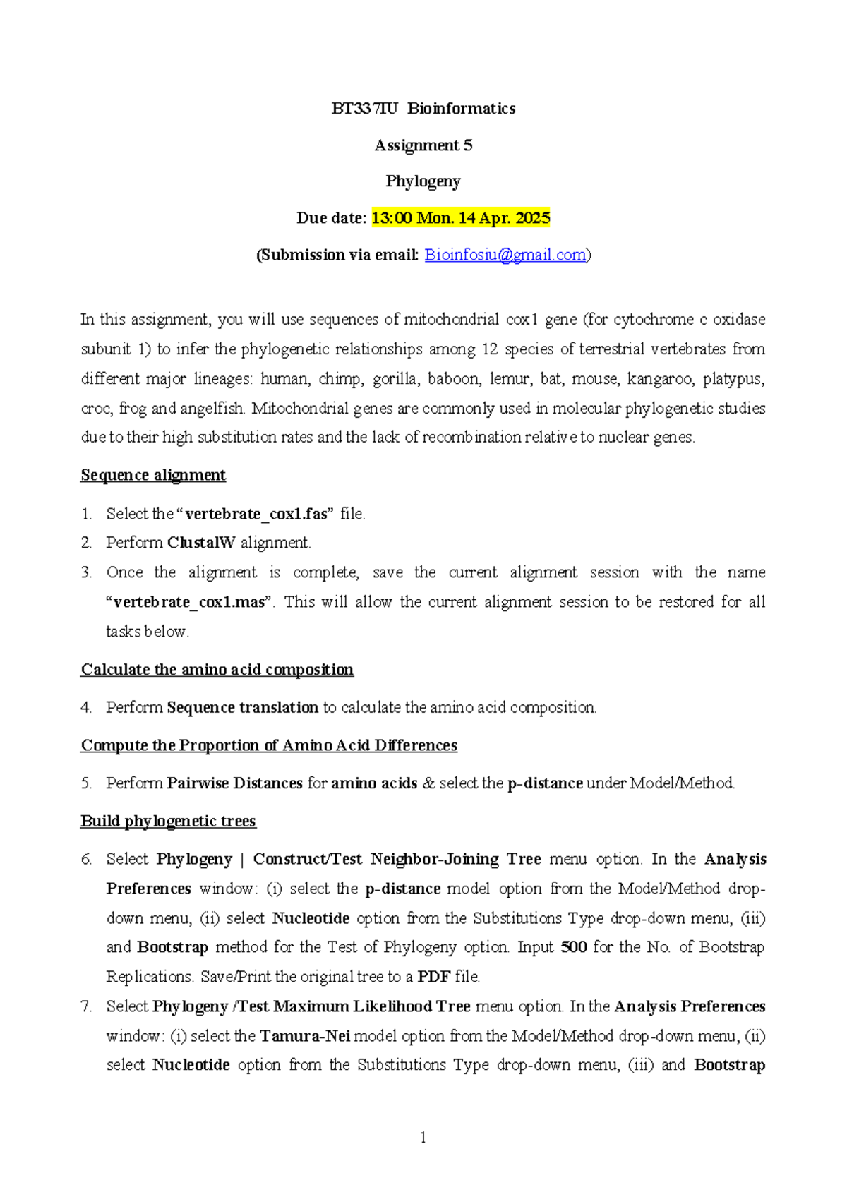 BT337IU Bioinformatics Assignment 5: Phylogeny Analysis Guide - Studocu
