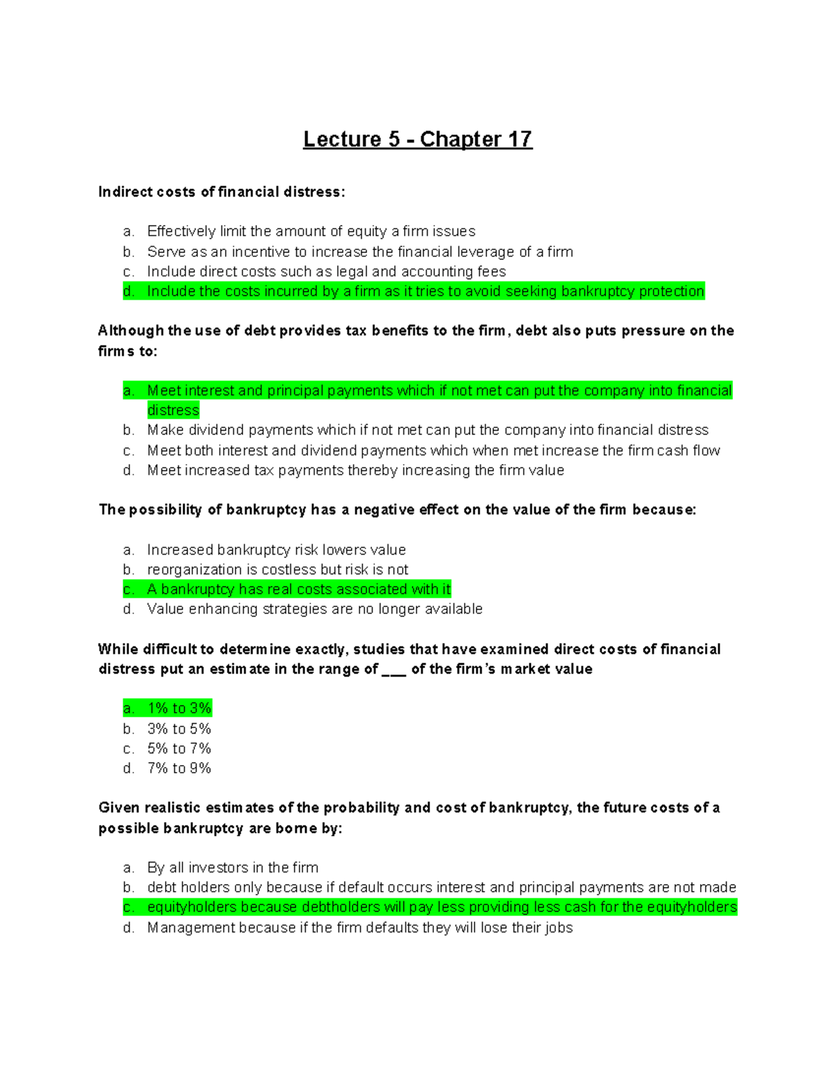Corporate Finance (FIN 301) Final Exam Review Notes: Lectures 5-9 - Studocu