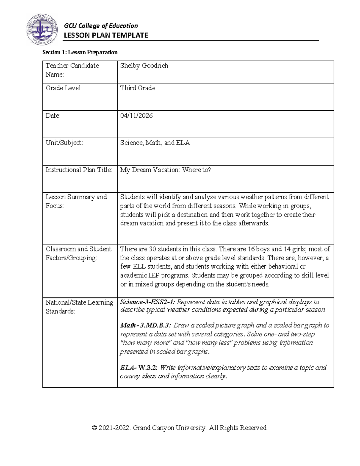 GCU College of Education LESSON PLAN: My Dream Vacation for 3rd Grade ...