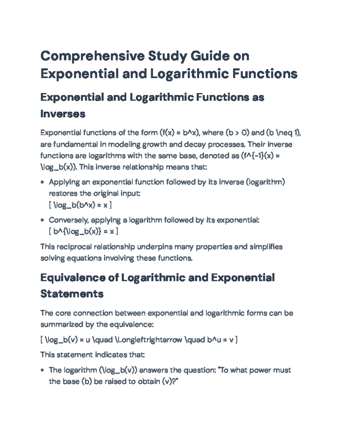 Comprehensive Study Guide: Exponential & Logarithmic Functions (MATH ...