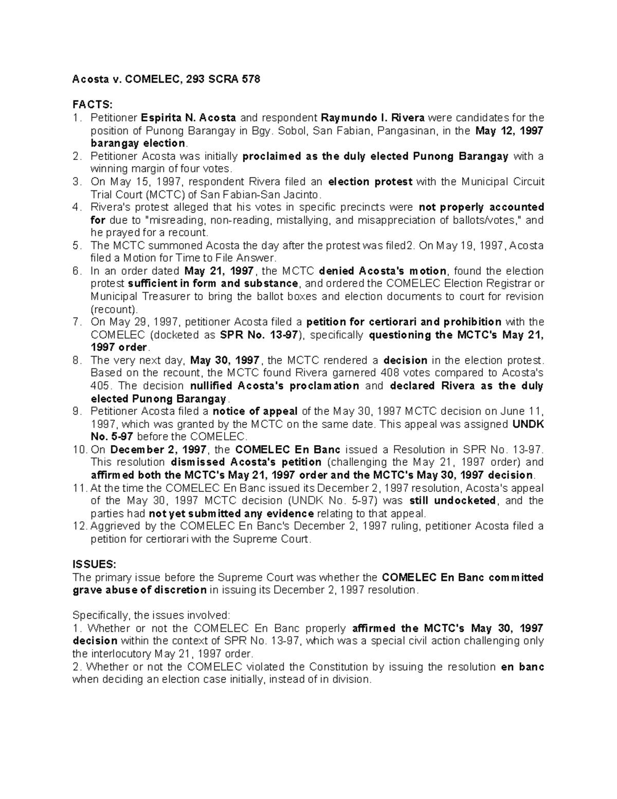 Acosta v. COMELEC: Election Protest Case Analysis (293 SCRA 578) - Studocu
