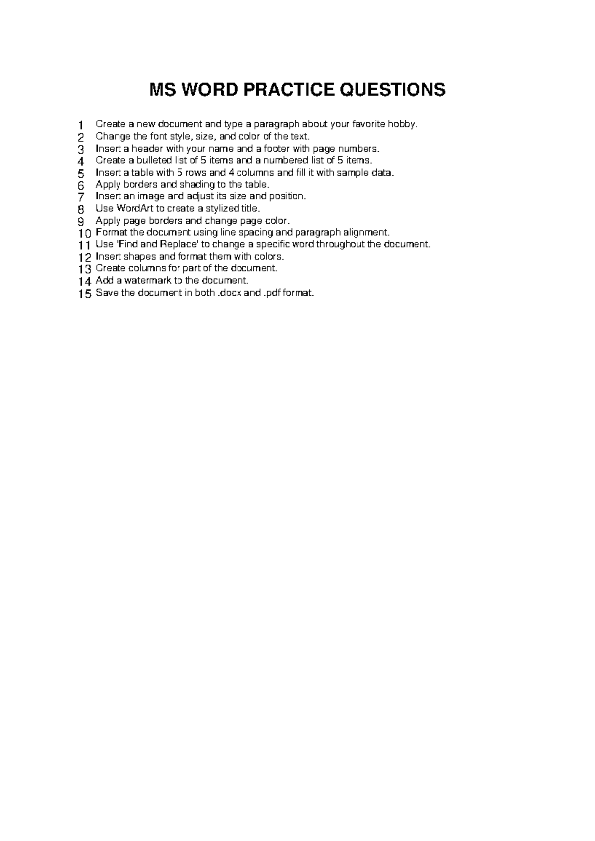 MS WORD PRACTICE QUESTIONS: Formatting & Design Tasks - Studocu