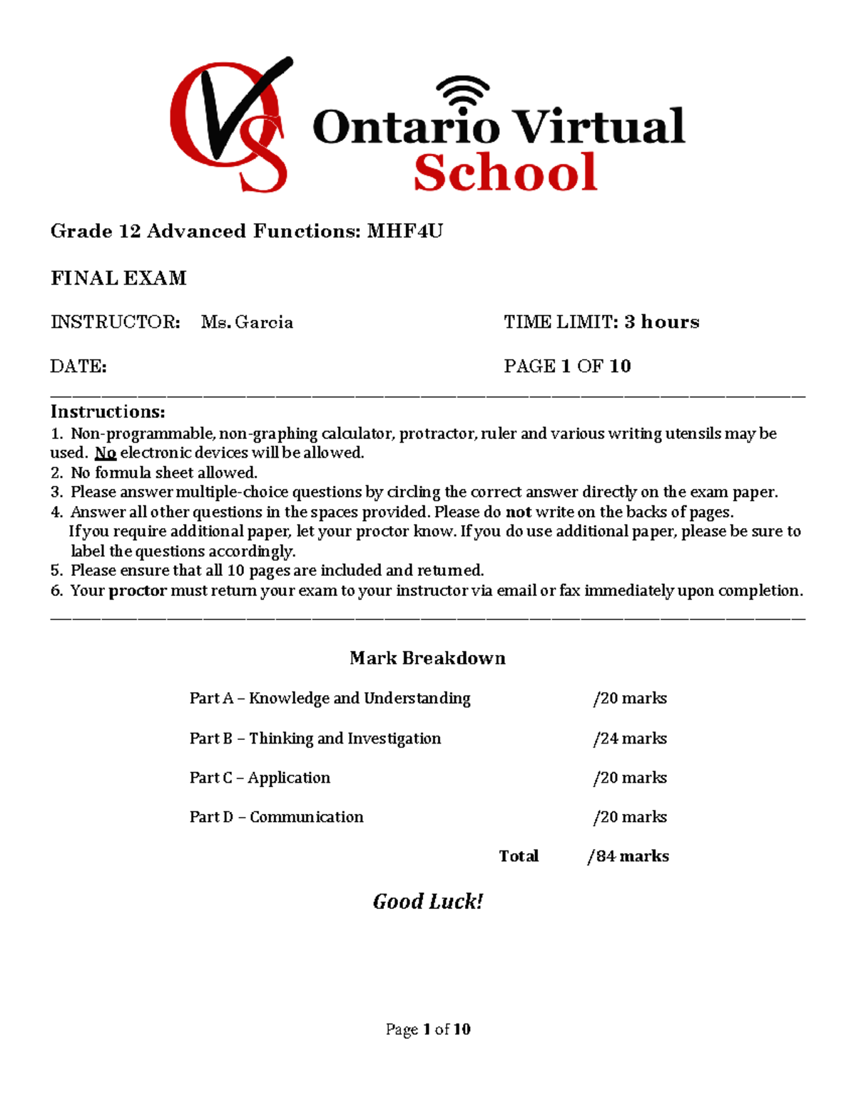 MHF4U Final Exam Overview and Instructions - Studocu