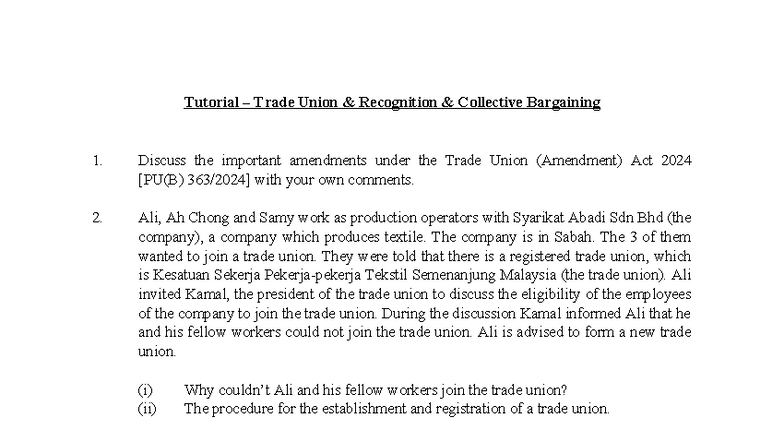 Tutorial Questions - Trade Union Recognition Collective Bargaining ...