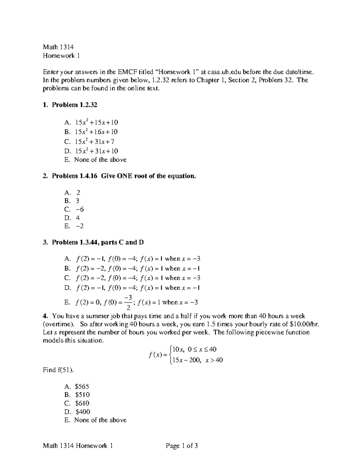 1314-HW-1 - Math 1314 Homework 1 Problems and Solutions - Studocu