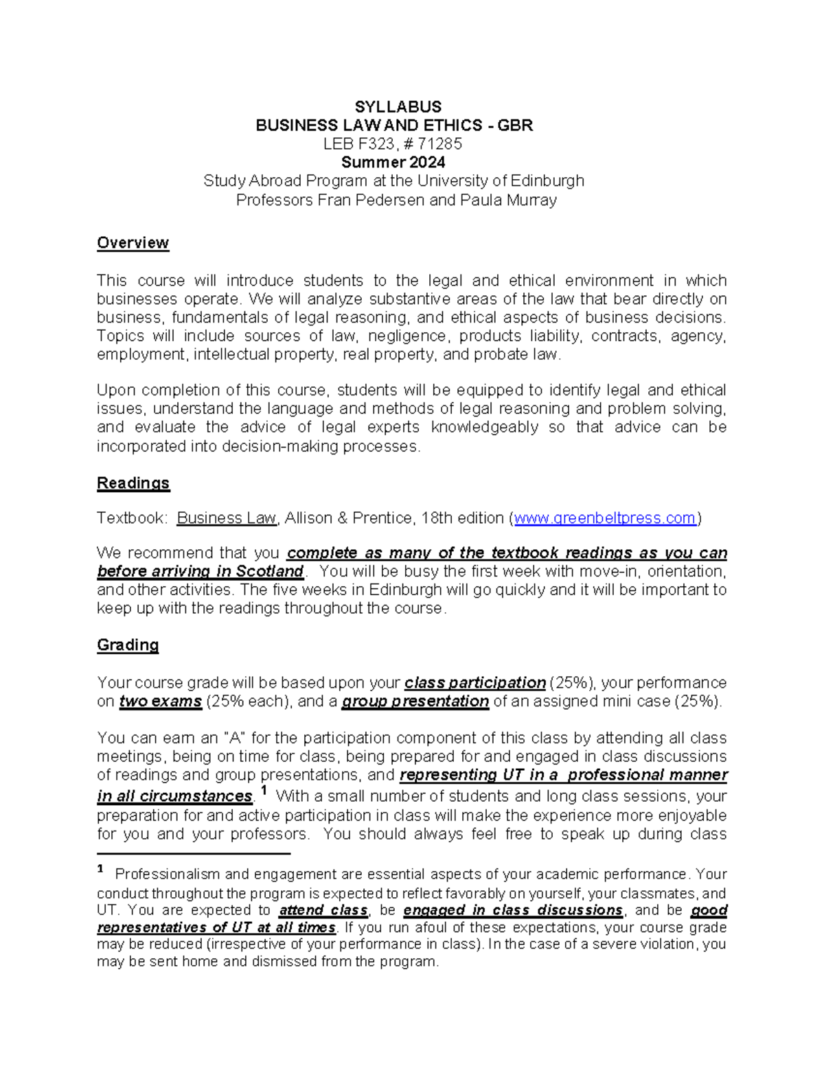 Syllabus for Business Law & Ethics (LEB F323) - Summer 2024 - Studocu