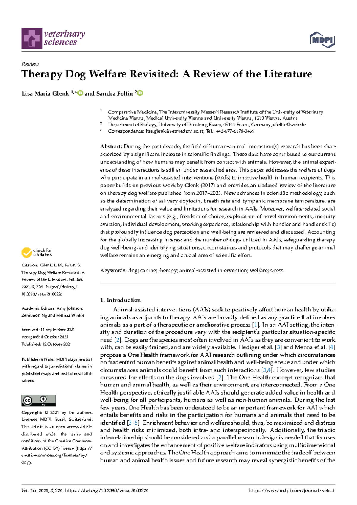 Vet. Sci. 2021: Therapy Dog Welfare Revisited - A Literature Review ...