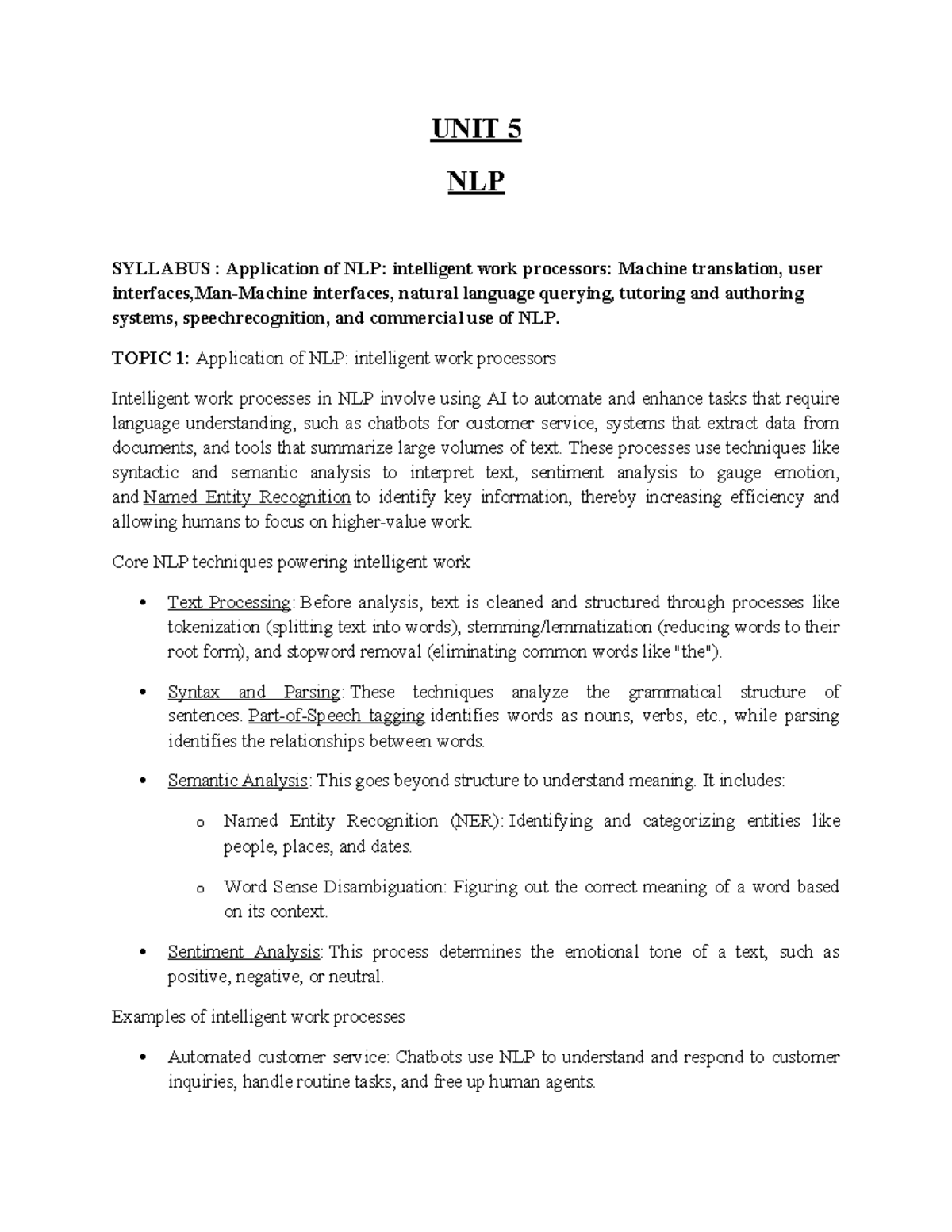 UNIT 5 NLP NOTES: Applications, Techniques, and Commercial Uses - Studocu