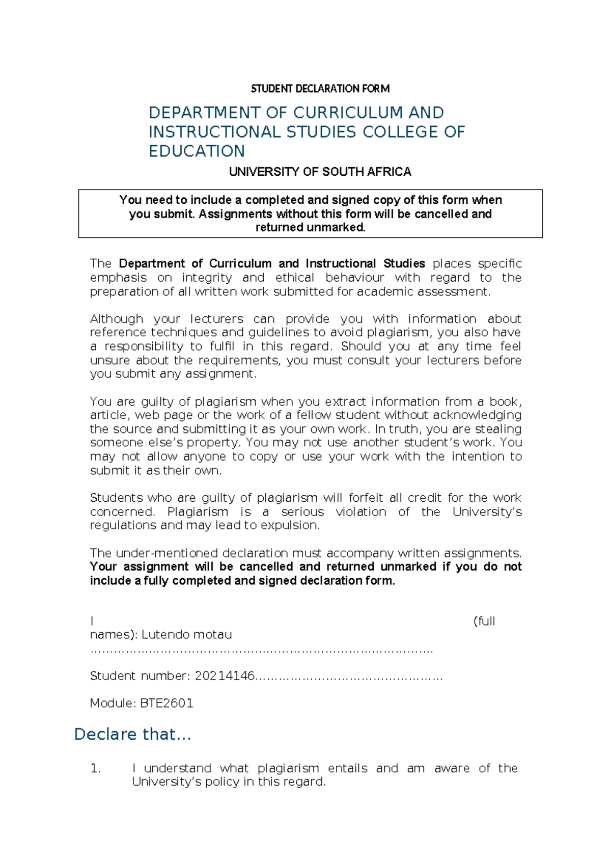 BTE Module Assignment 4: Plagiarism Declaration and Guidelines - Studocu