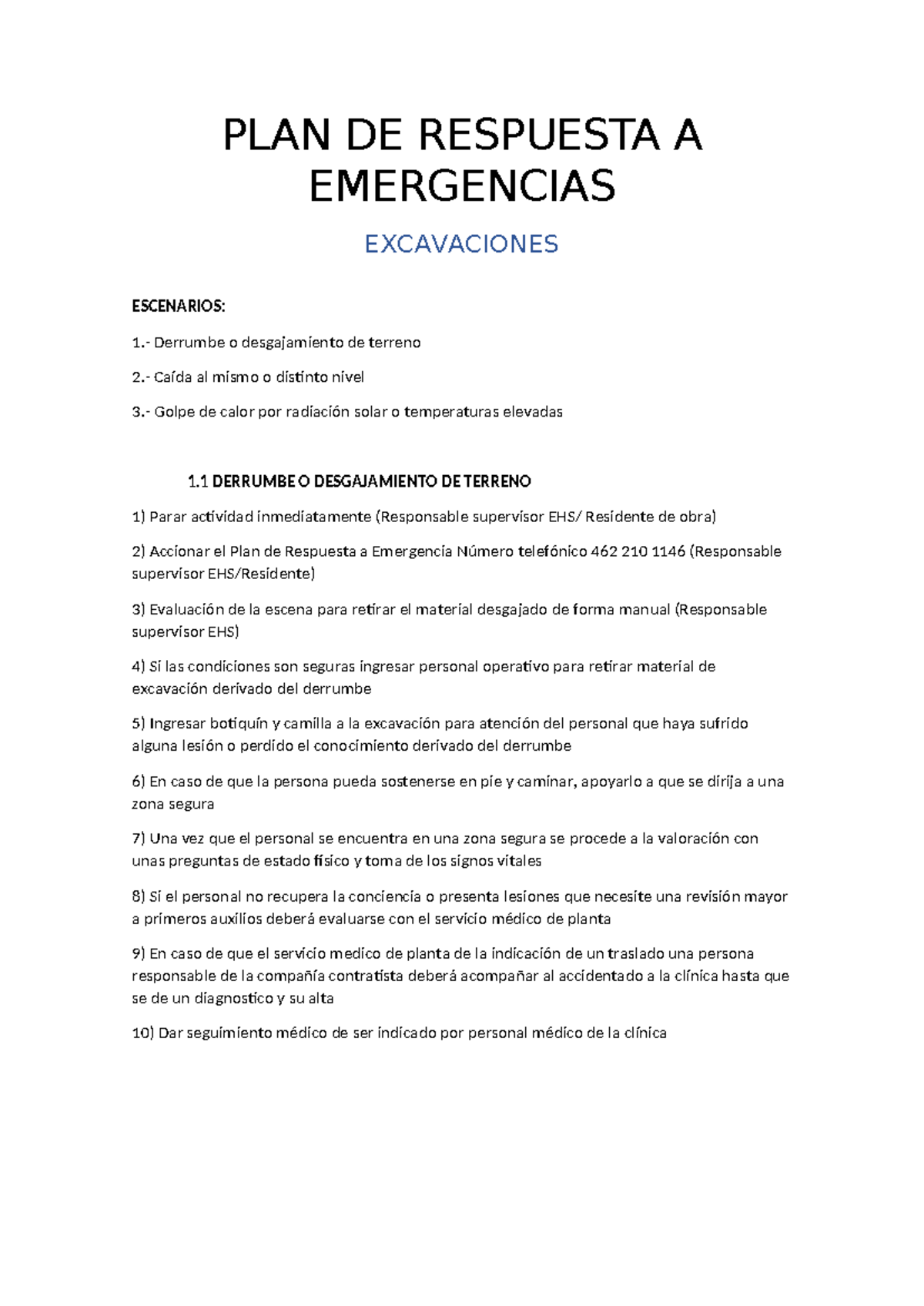 PLAN DE RESPUESTA A EMERGENCIAS EN EXCAVACIONES: Procedimientos y Acciones - Document Preview