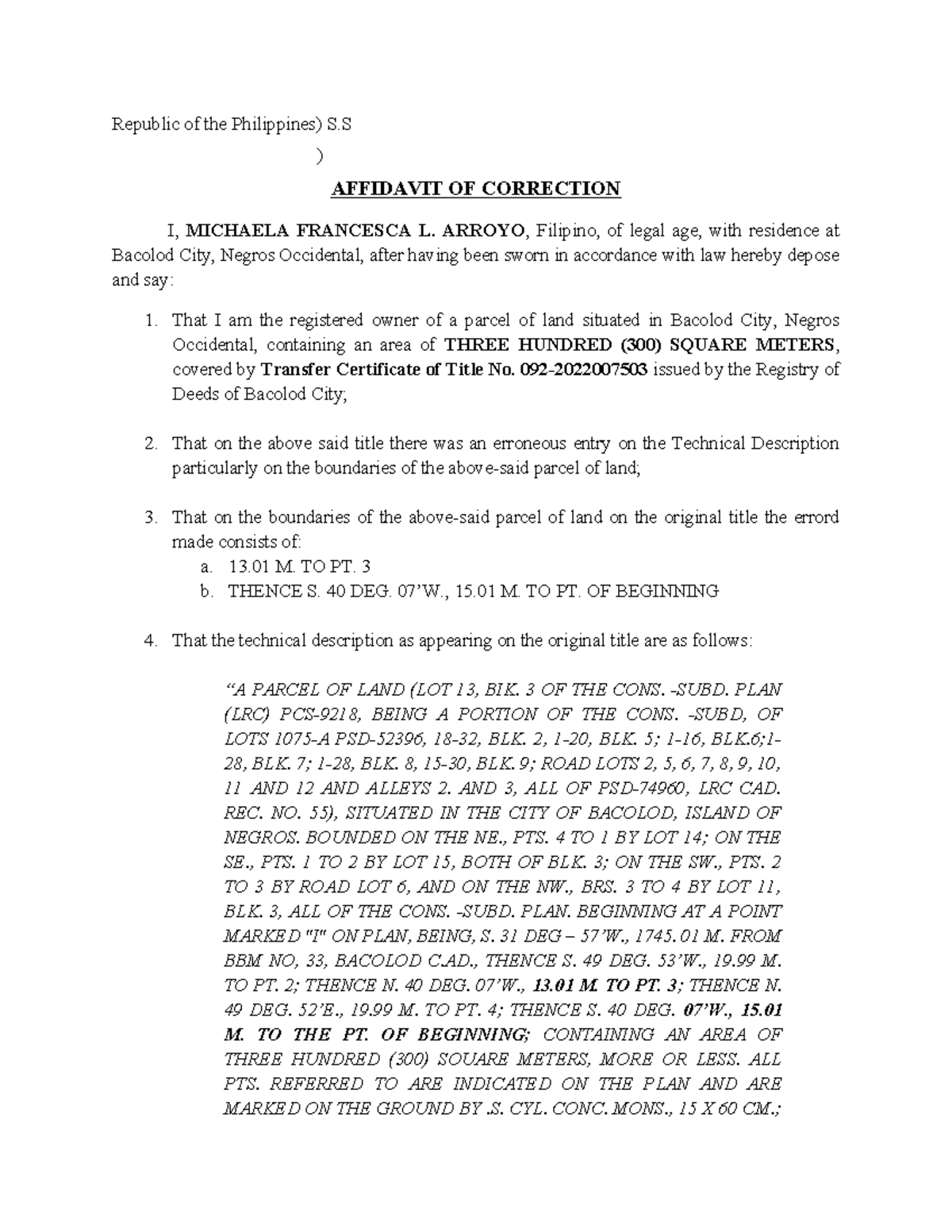 Affidavit of Correction for Land Title - Bacolod City - Studocu