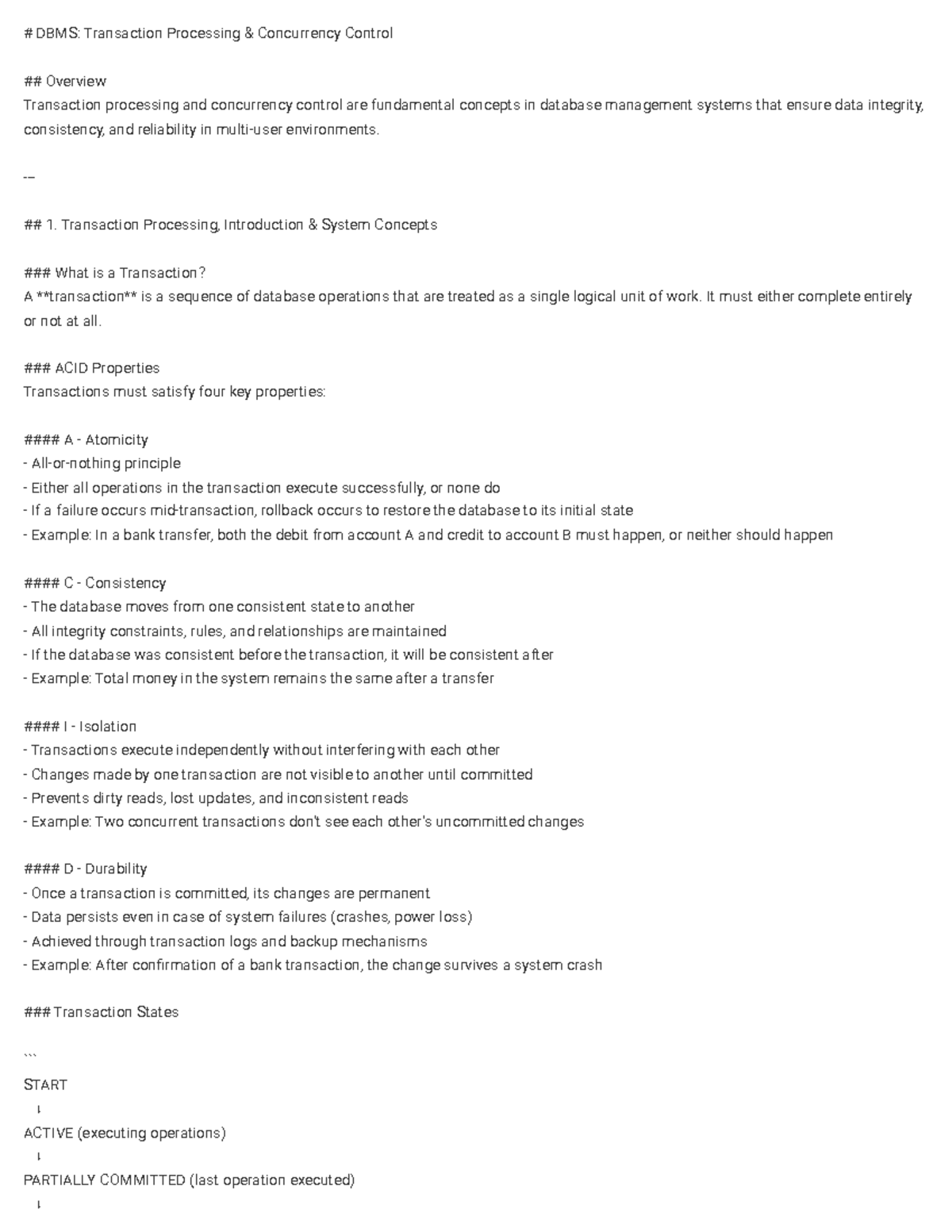 DBMS: Transaction Processing & Concurrency Control Notes - Studocu