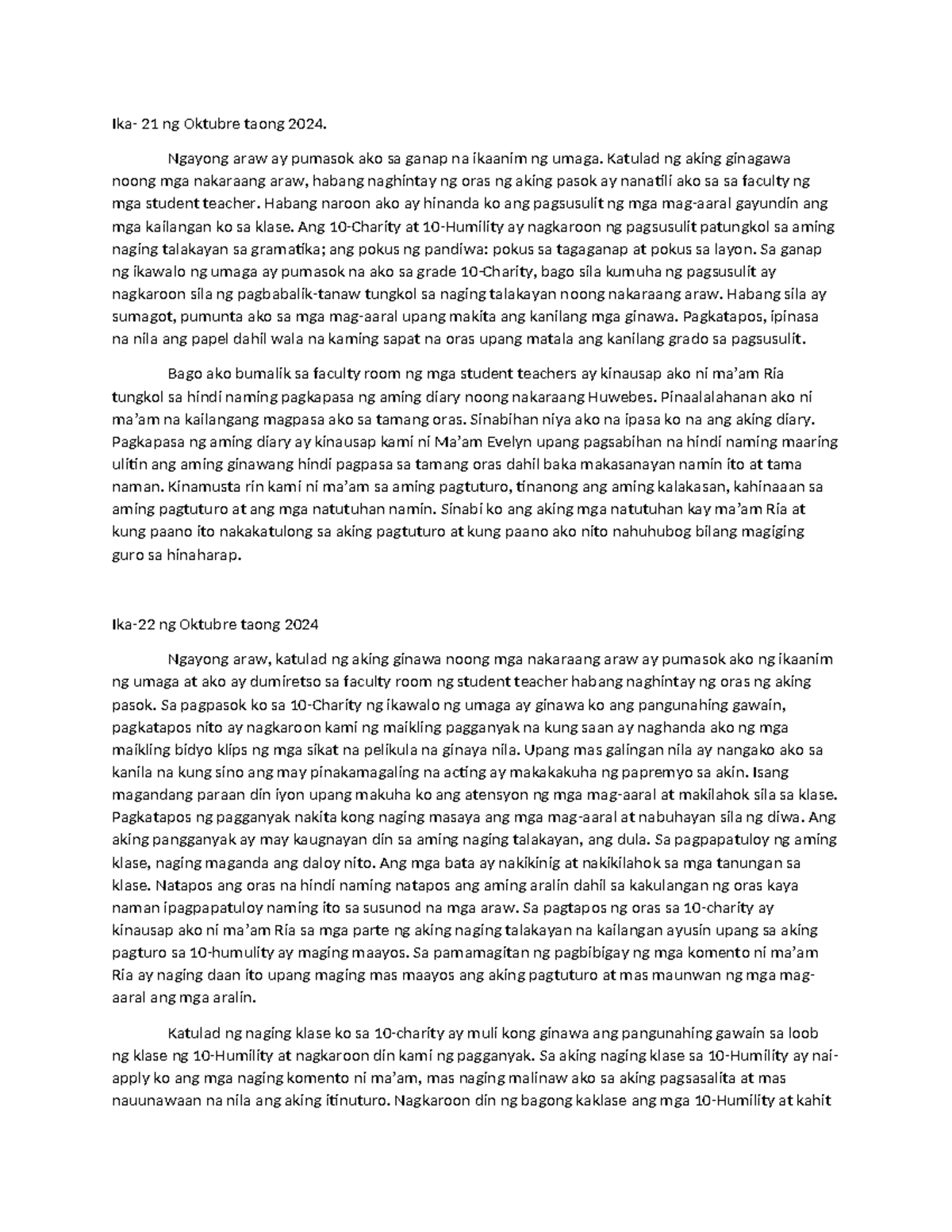 Diary - It has my experience during my internship - Ika- 21 ng Oktubre ...