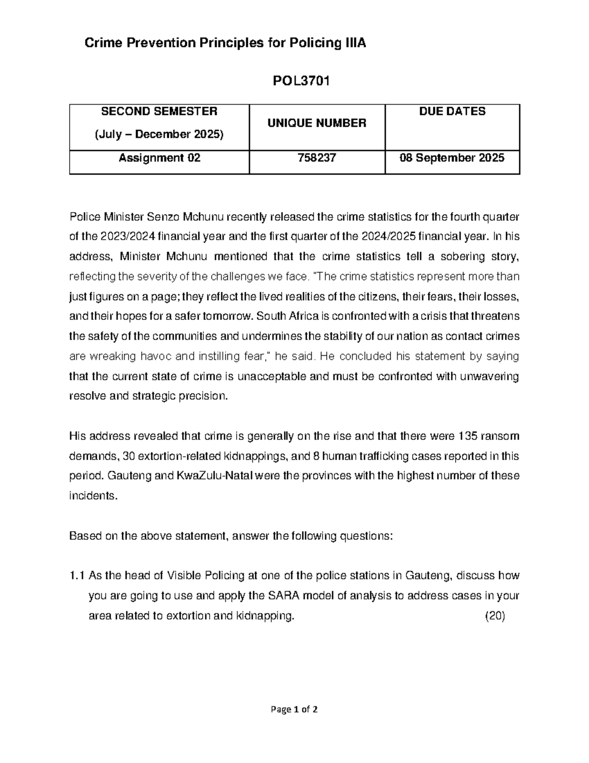 Crime Prevention Principles for Policing POL3701 Assignment 2 Analysis ...