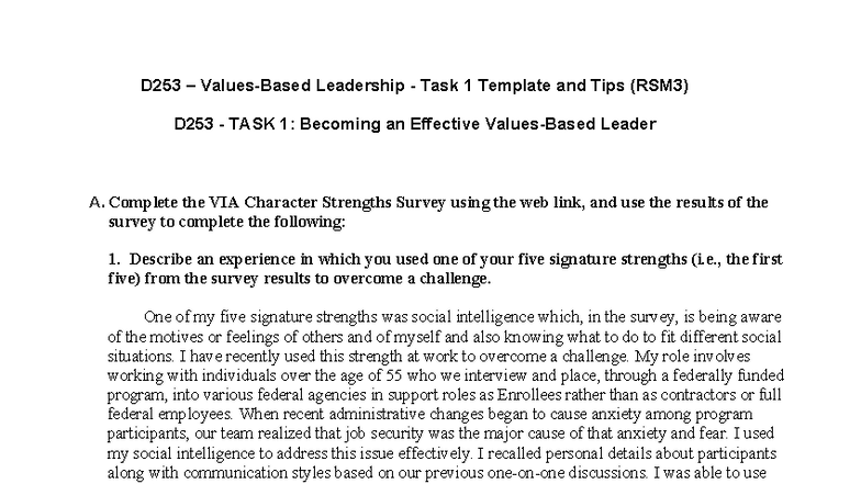 D253 – RSM3 Task 1: Values-Based Leadership Strategies & Insights - Studocu