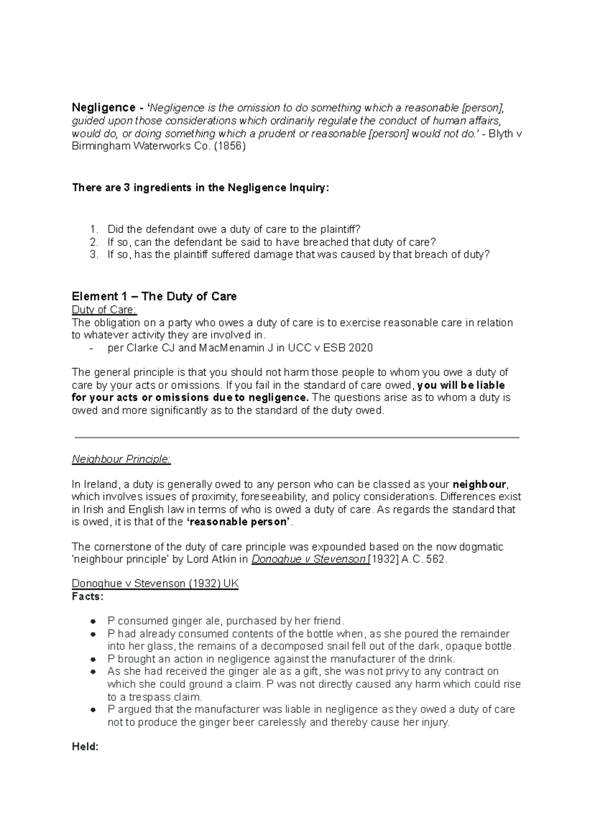 Duty of Care in Tort Law - R Costelloe Notes - Studocu