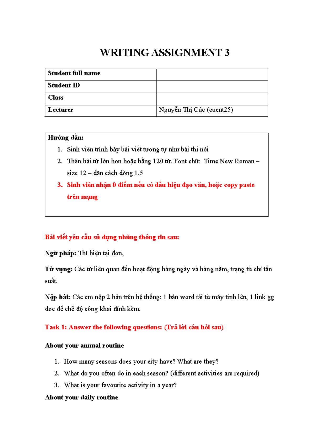 Writing Assignment 3: Annual and Daily Routines - Class ID B1xh8CQ8nl ...