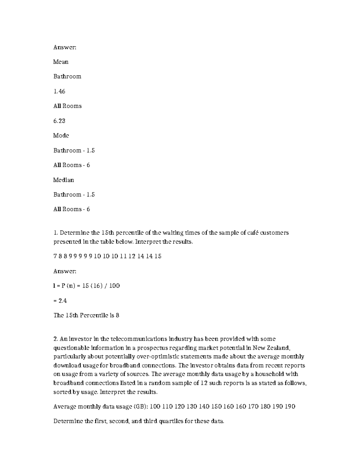 Statistics answers for course code ST101: Percentiles and quartiles ...