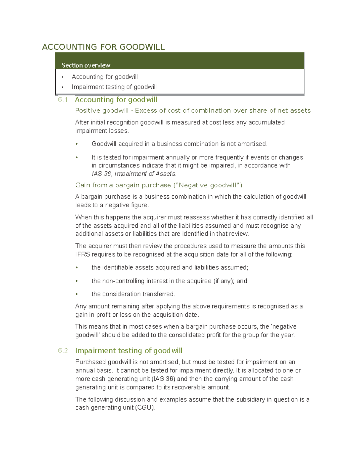 Accounting For Goodwill - ACCOUNTING FOR GOODWILL Section overview ...