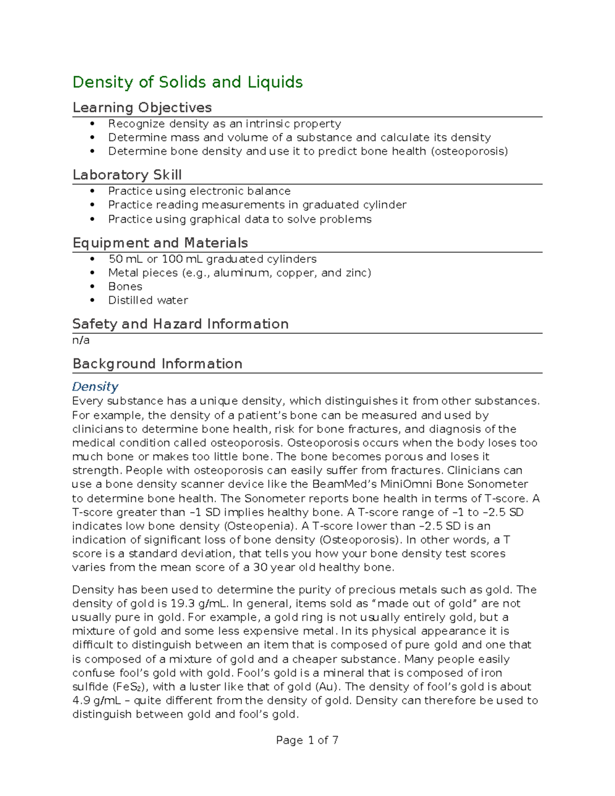 Lab 4: Density of Solids & Liquids - Measurement & Analysis Techniques ...