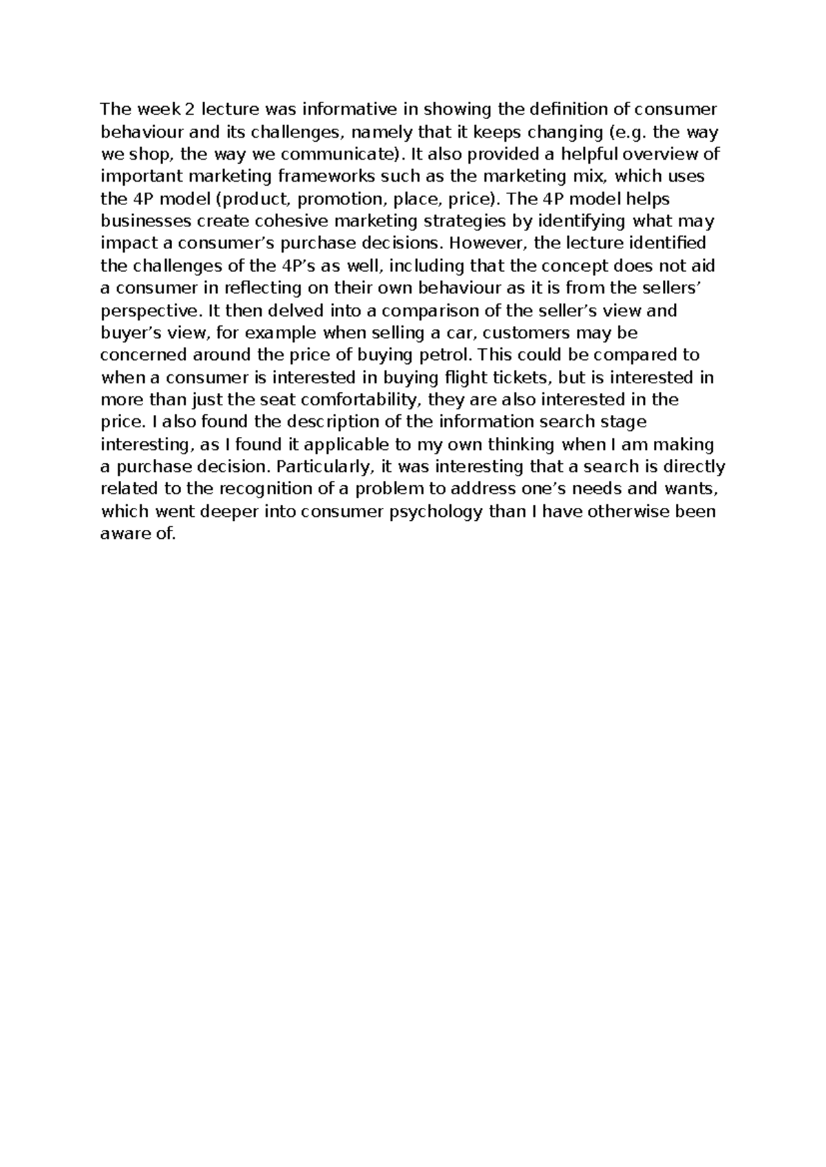 Week 2 MKTG Lecture Reflection: Consumer Behavior Insights - Studocu