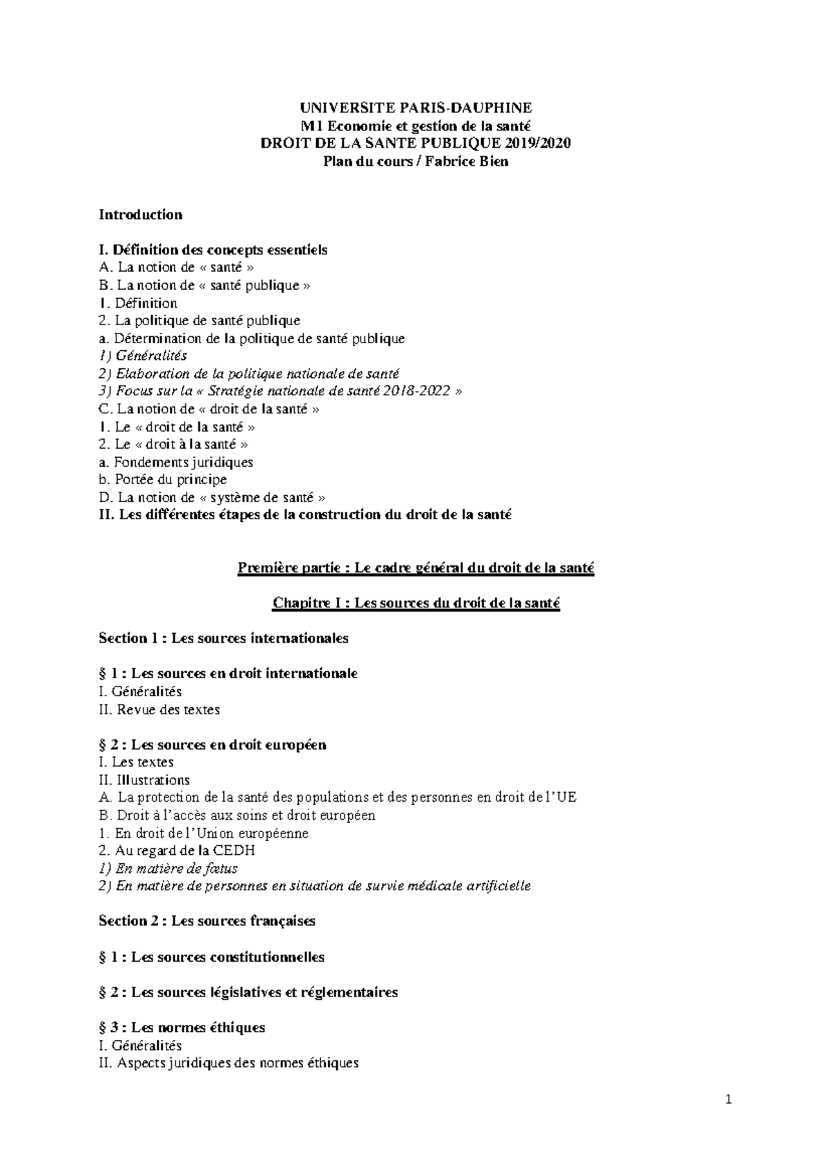 Plan du cours Droit de la Santé M1 2019-2020 - Université Paris ...