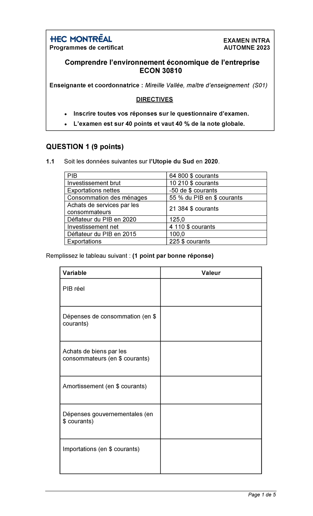 Examen Intra ECON 30810 Automne 2023 - Notes et Directives - Studocu
