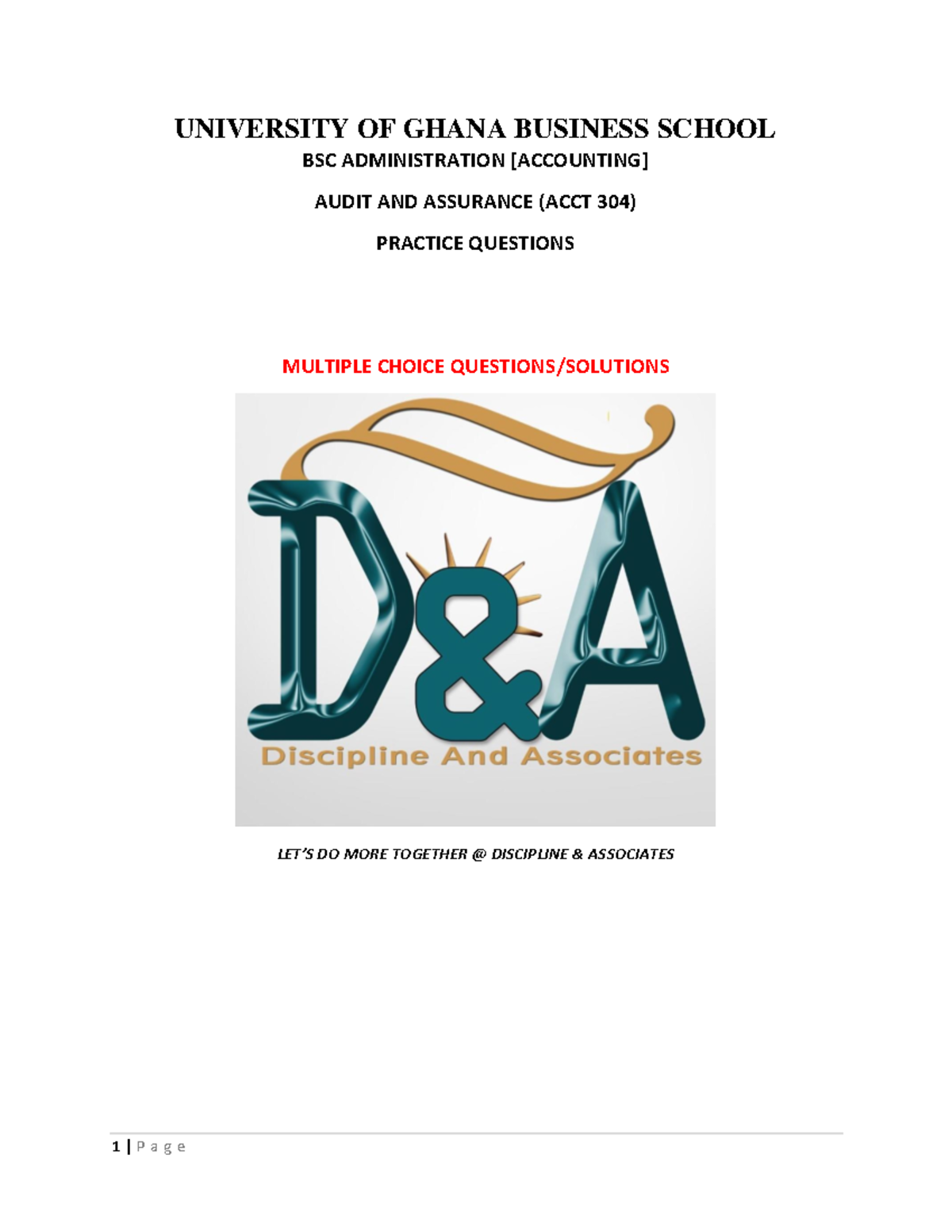 FINAL EXAM: Practice Questions and Solutions for ACCT 304 Audit ...