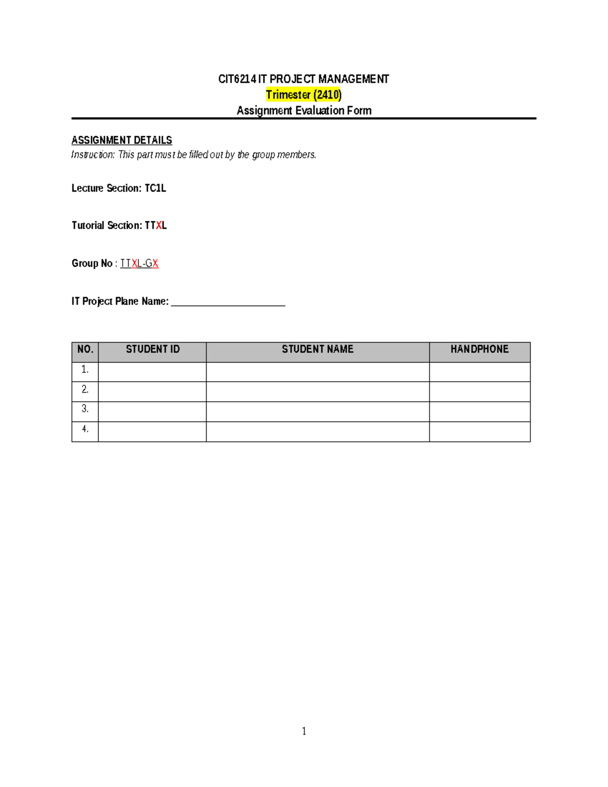 Assignment-( Evaluation FORM) - IT Project Management Method and Tools ...