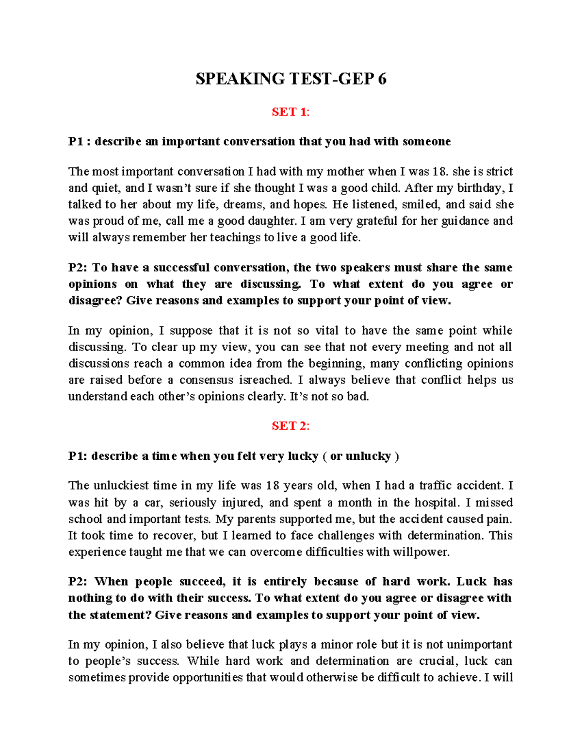 Speaking Test GEP 6: Key Conversations and Life Lessons - Studocu