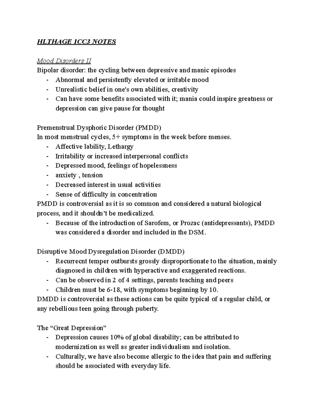 HLTHAGE 1CC3 Mood Disorders II Notes - Dani Koultakji - Studocu