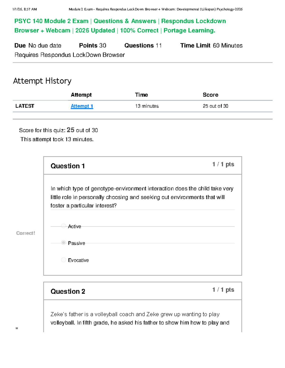 PSYC 140 Module 2 Exam Questions & Answers (2026) - Developmental ...