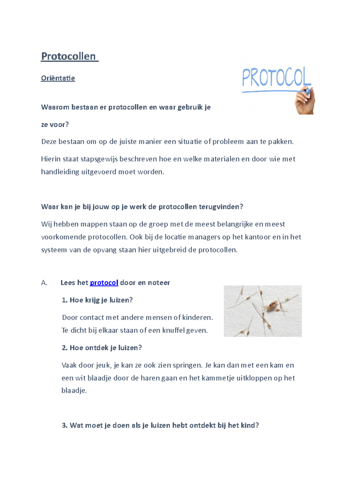 Protocollen voor Luizenbehandeling in de Kinderopvang - Studeersnel