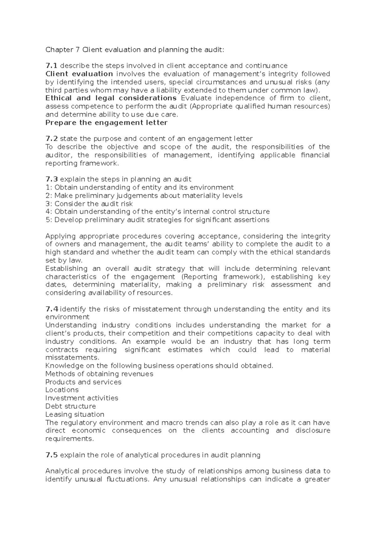 Auditing Notes - Chapter 7 Client evaluation and planning the audit: 7 ...
