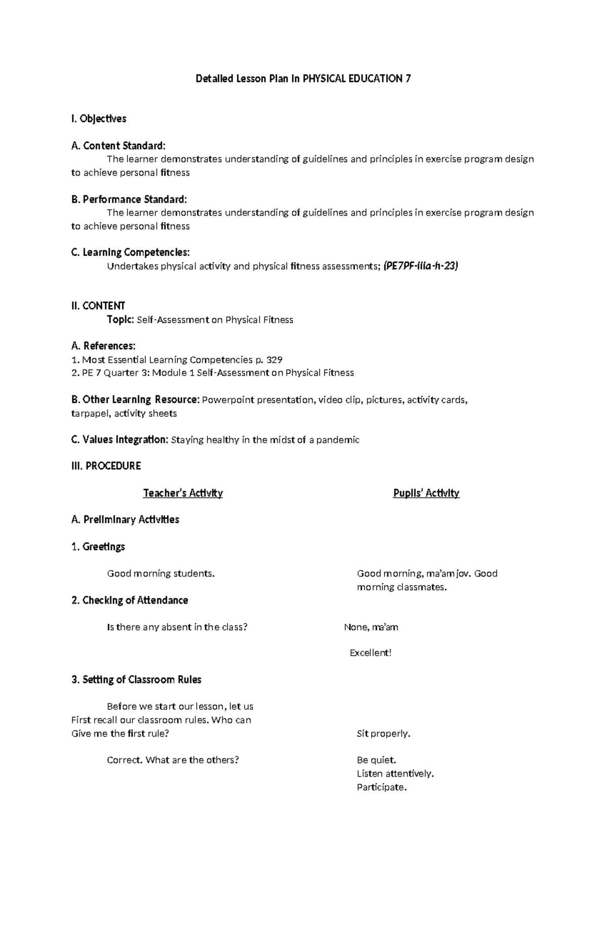 DLP in PE 7: Comprehensive Lesson Plan on Physical Fitness - Studocu