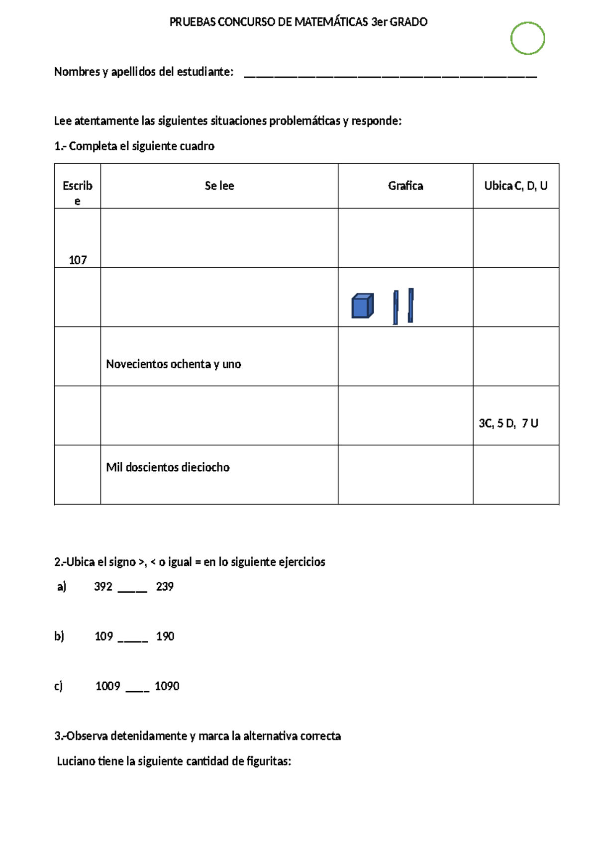 Pruebas de Matemáticas 3er Grado: Ejercicios y Problemas - Studocu