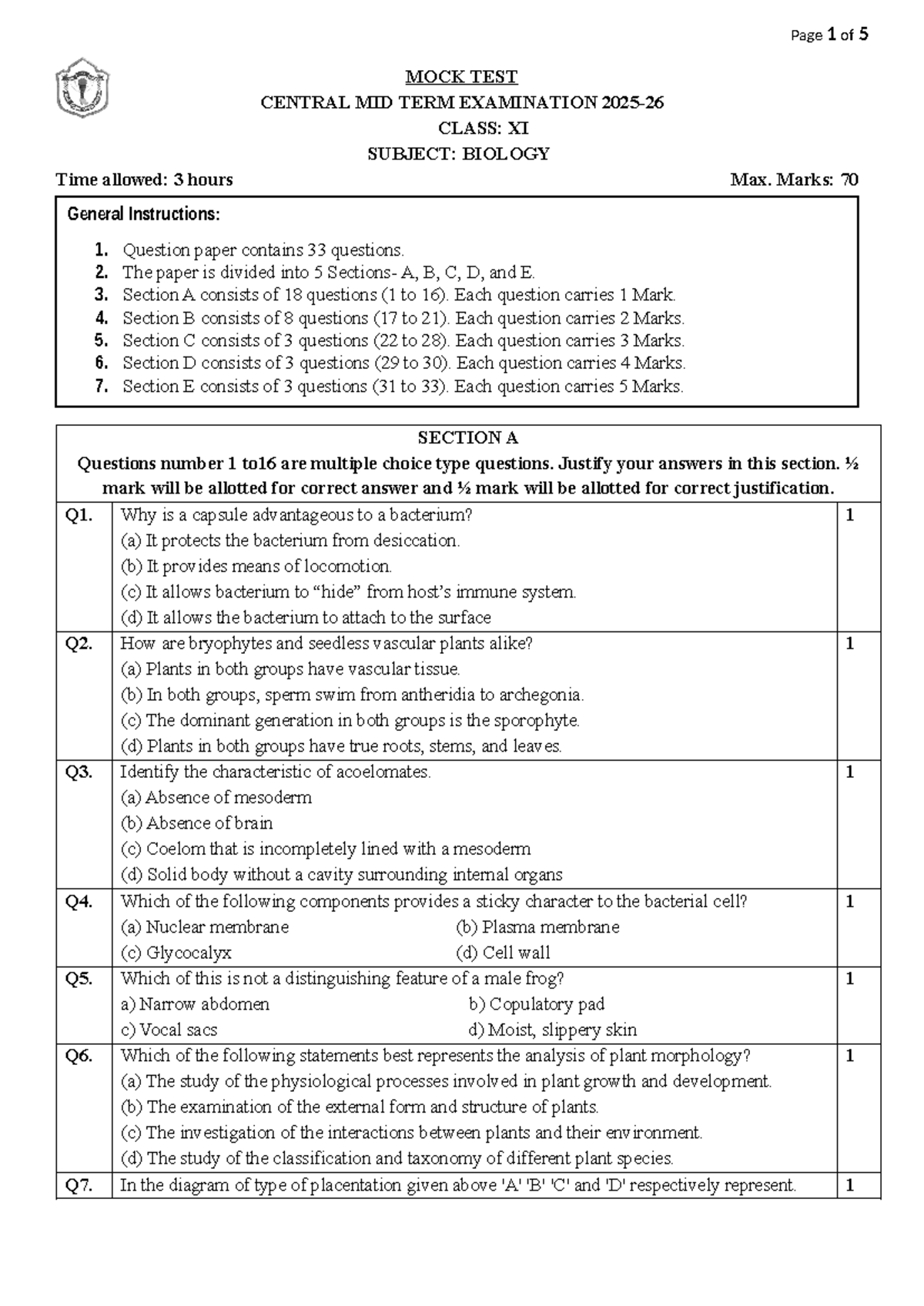 11 BIO MOCK TEST MID TERM EXAMINATION CLASS XI - Practice - Studocu