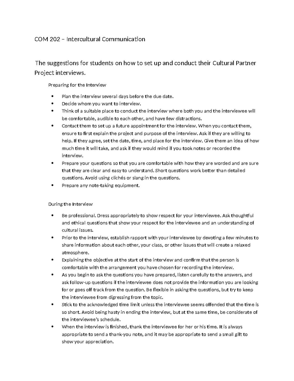 COM 202 Cultural Partner Project Interview Tips and Guidelines - Studocu