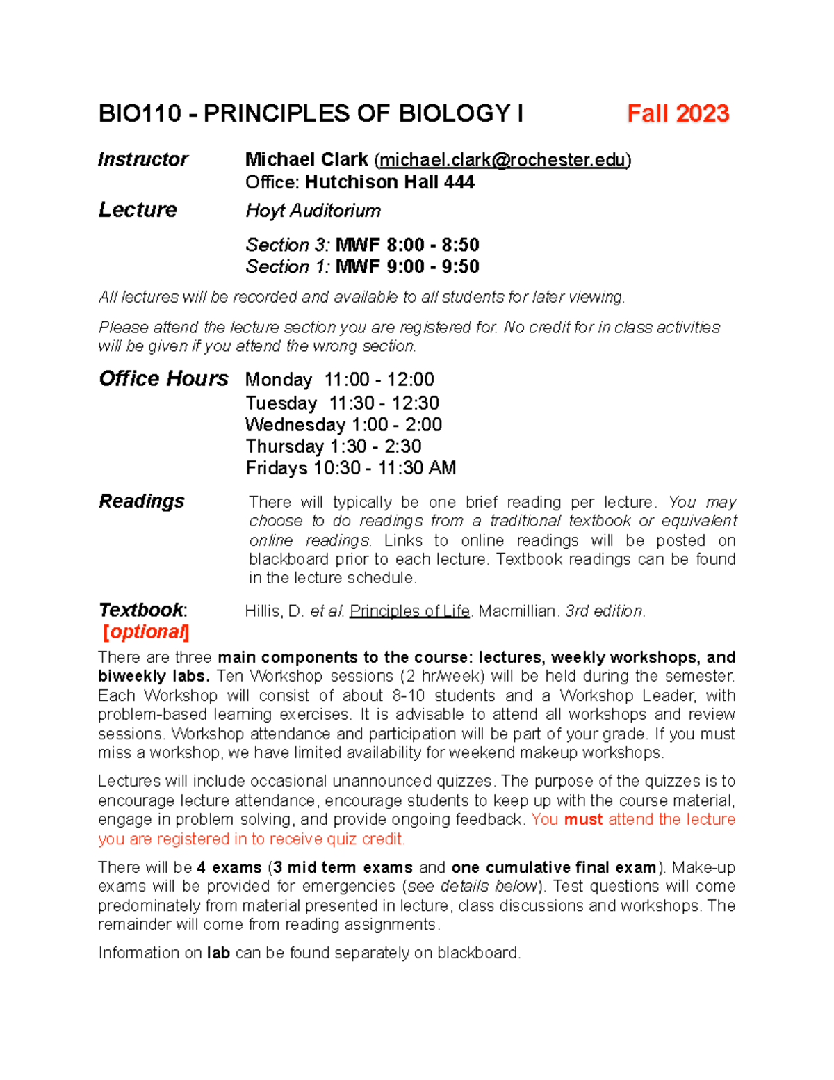 BIO110 - Principles of Biology I Syllabus Fall 2023 - Studocu