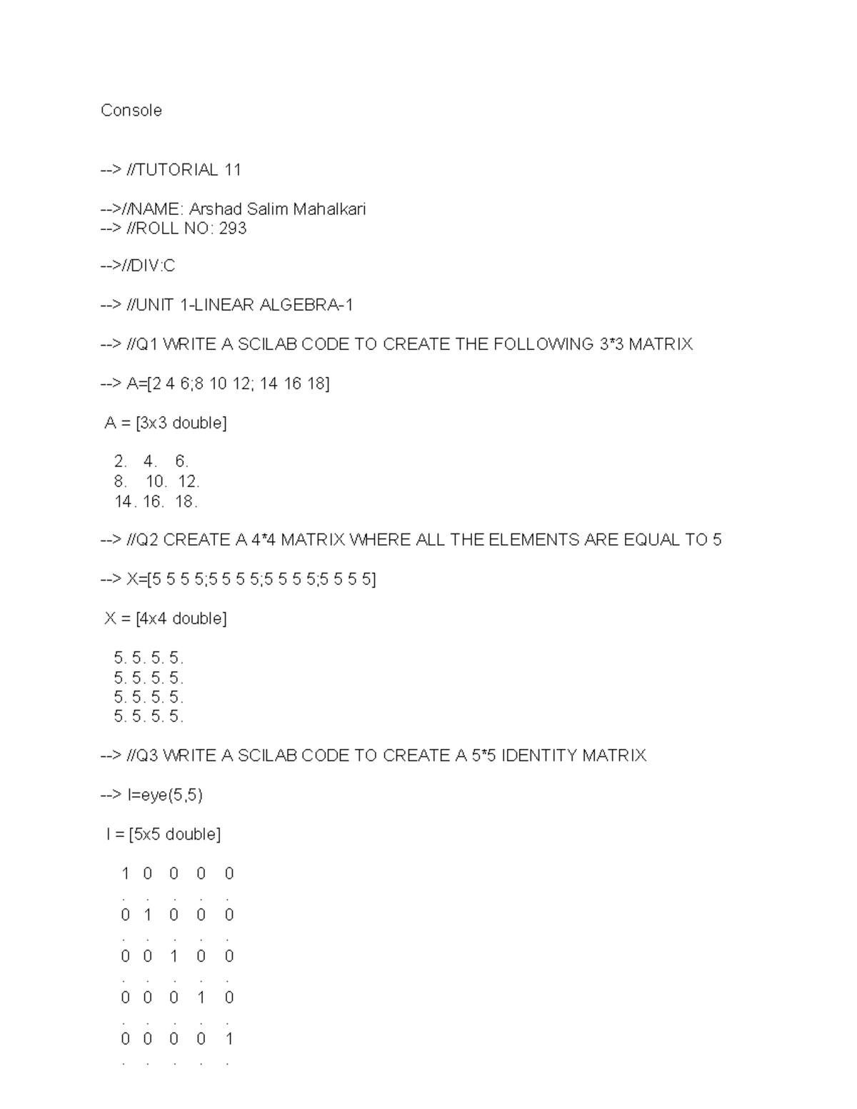Scilab Code Tutorial for Matrix Operations and Linear Equations - Studocu