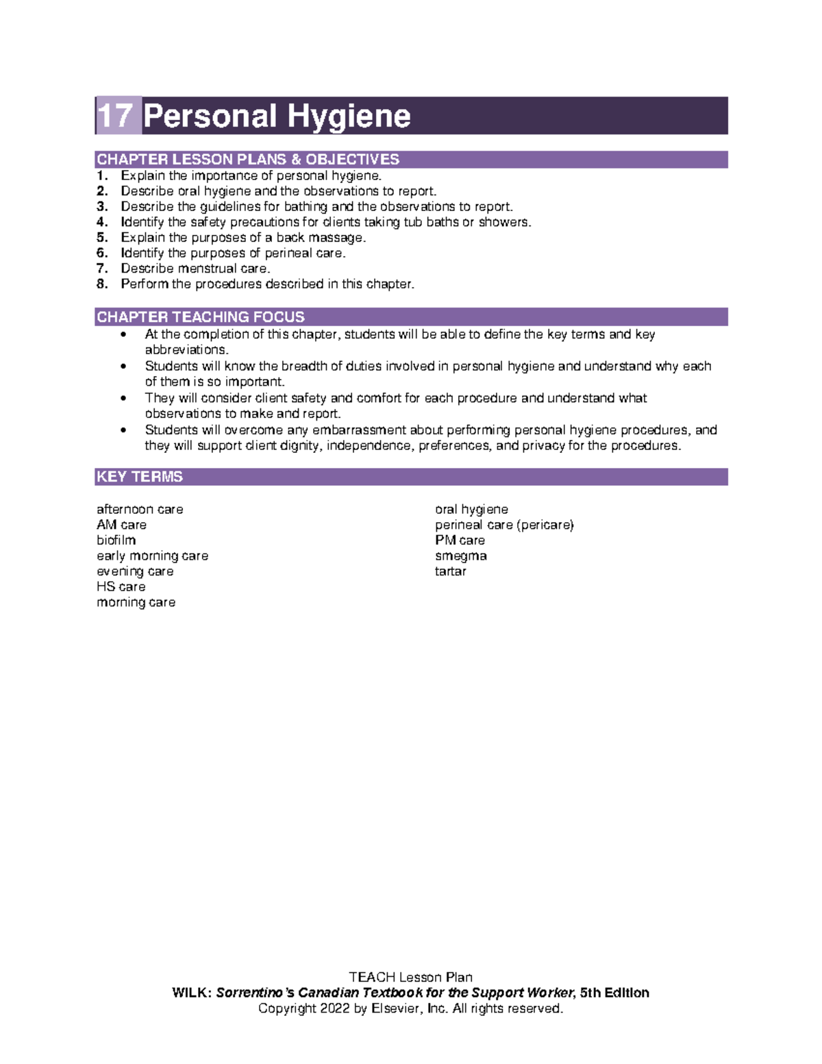Chapter 017 - Personal Hygiene Lesson Plan for Module 8 - Studocu