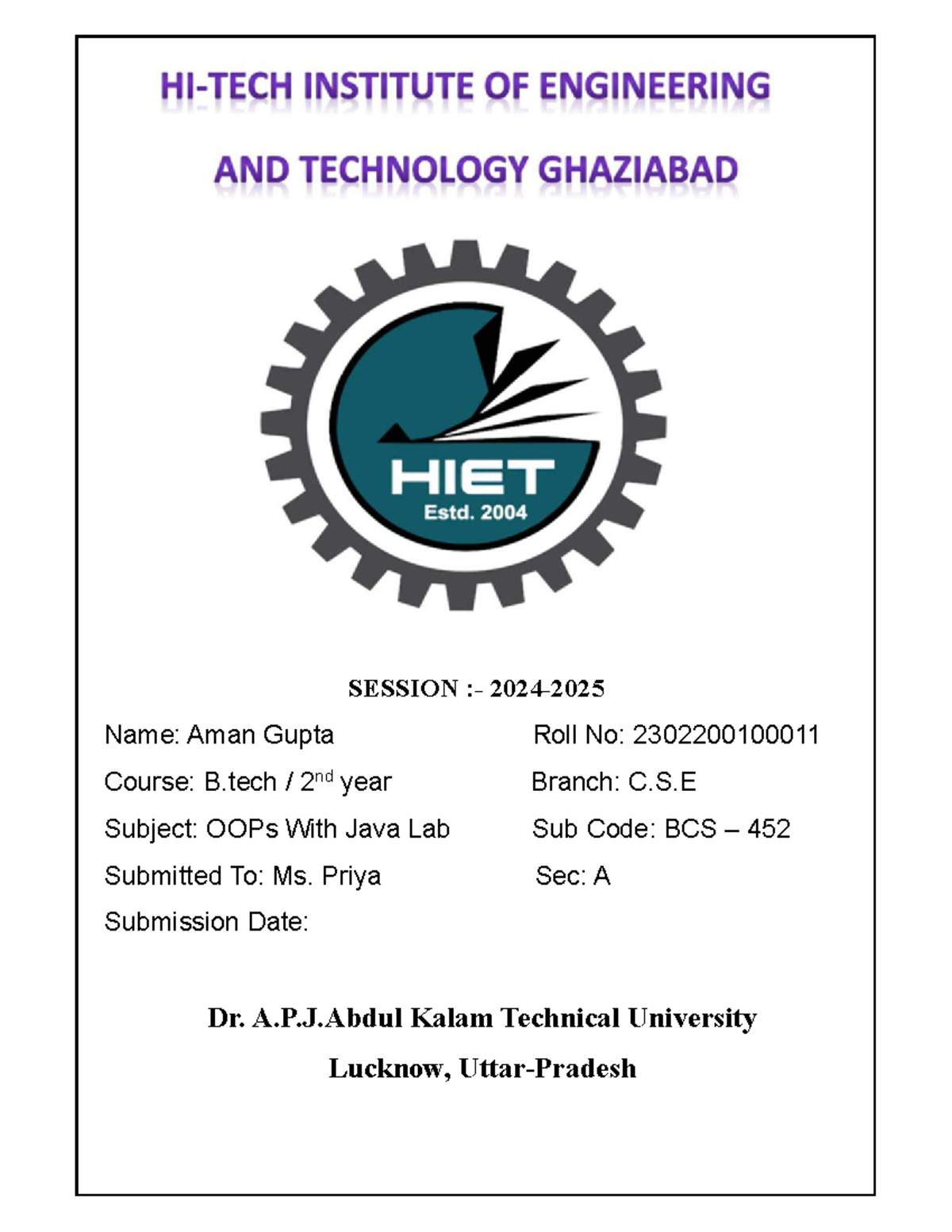B.Tech OOPs with Java Lab Manual (BCS 452) - Academic Year 2024-2025 ...